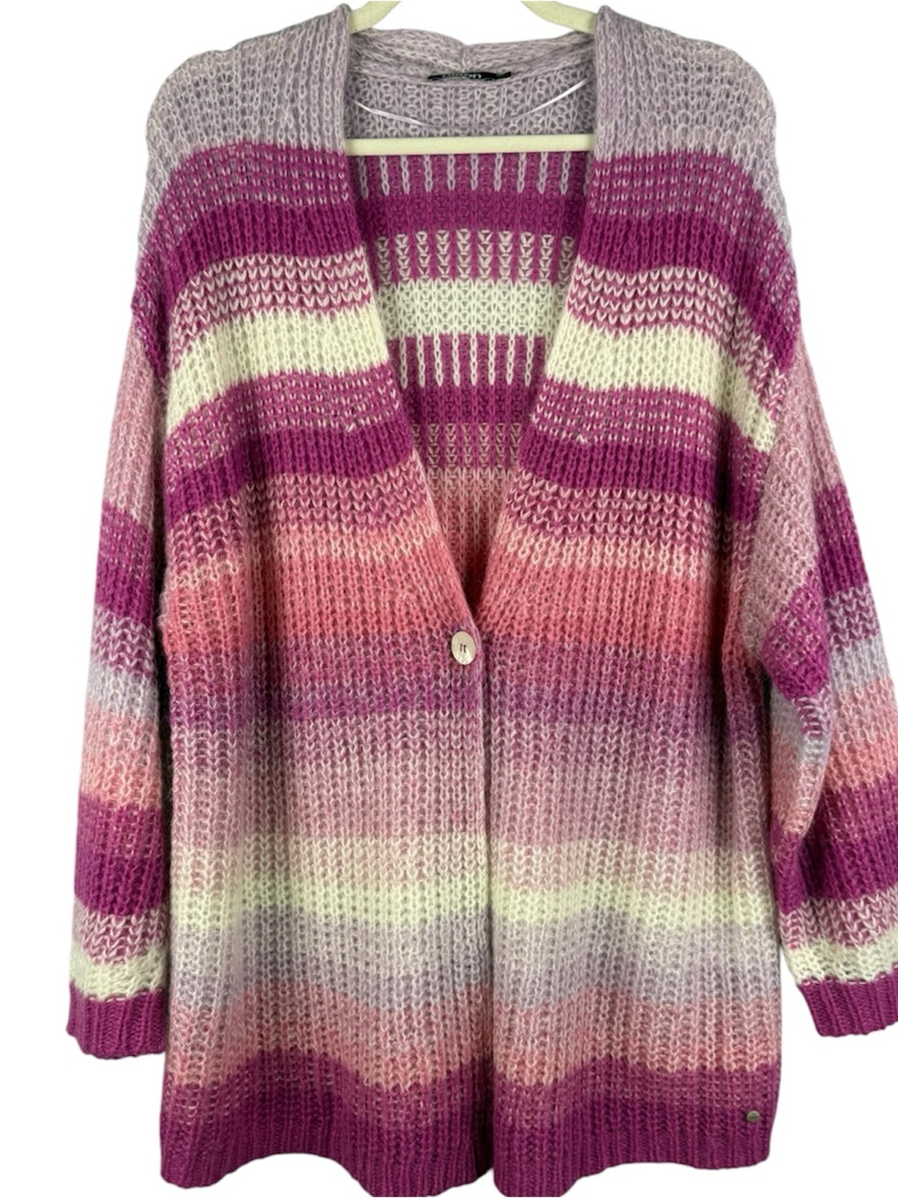 Olsen Cora Alpaca Wool Blend Chunky Striped Cardigan Sweater XL/16 Pink Magenta